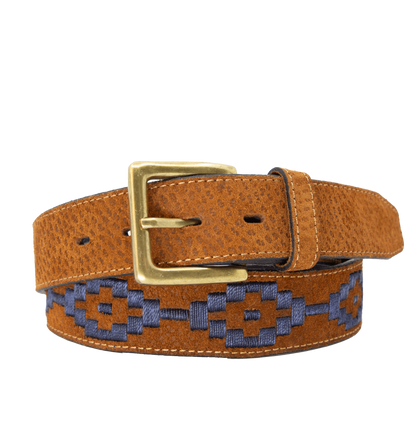 A tan leather belt with a navy woven geometric pattern and solid brass buckle.