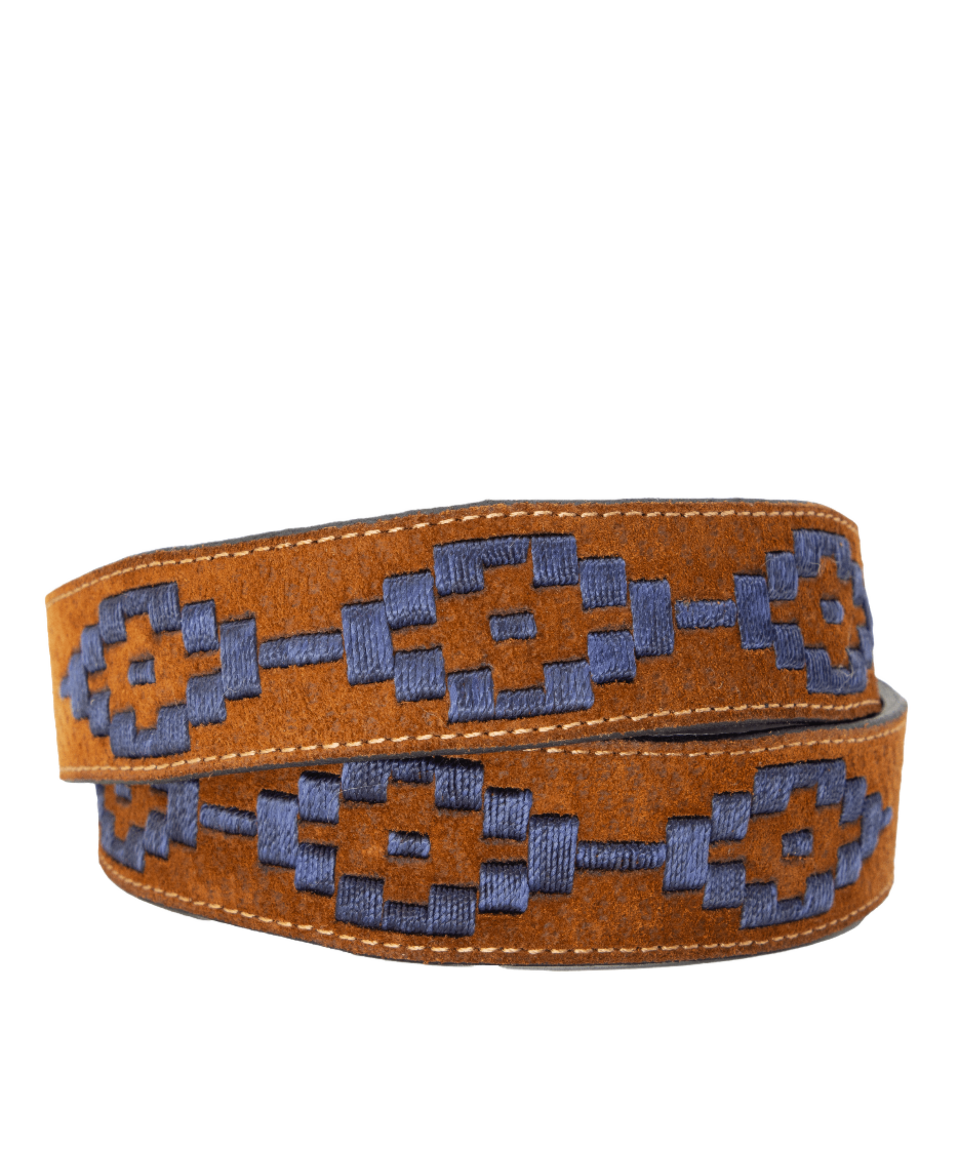 A tan leather belt with a navy woven geometric pattern and solid brass buckle.