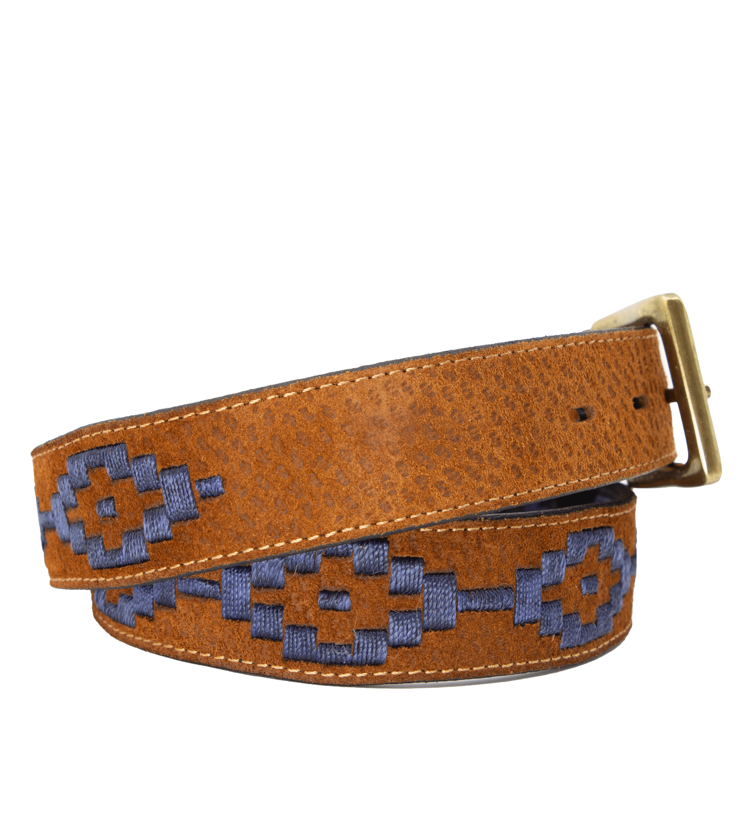 A tan leather belt with a navy woven geometric pattern and solid brass buckle.