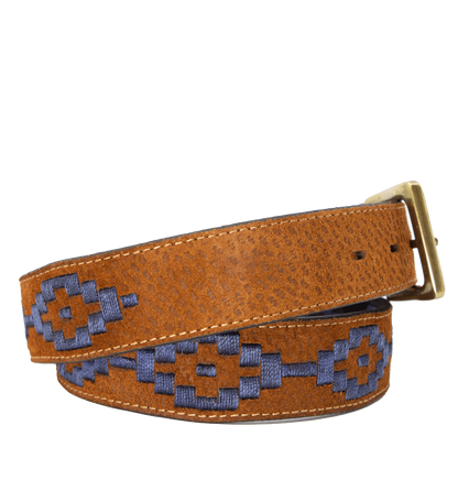 A tan leather belt with a navy woven geometric pattern and solid brass buckle.