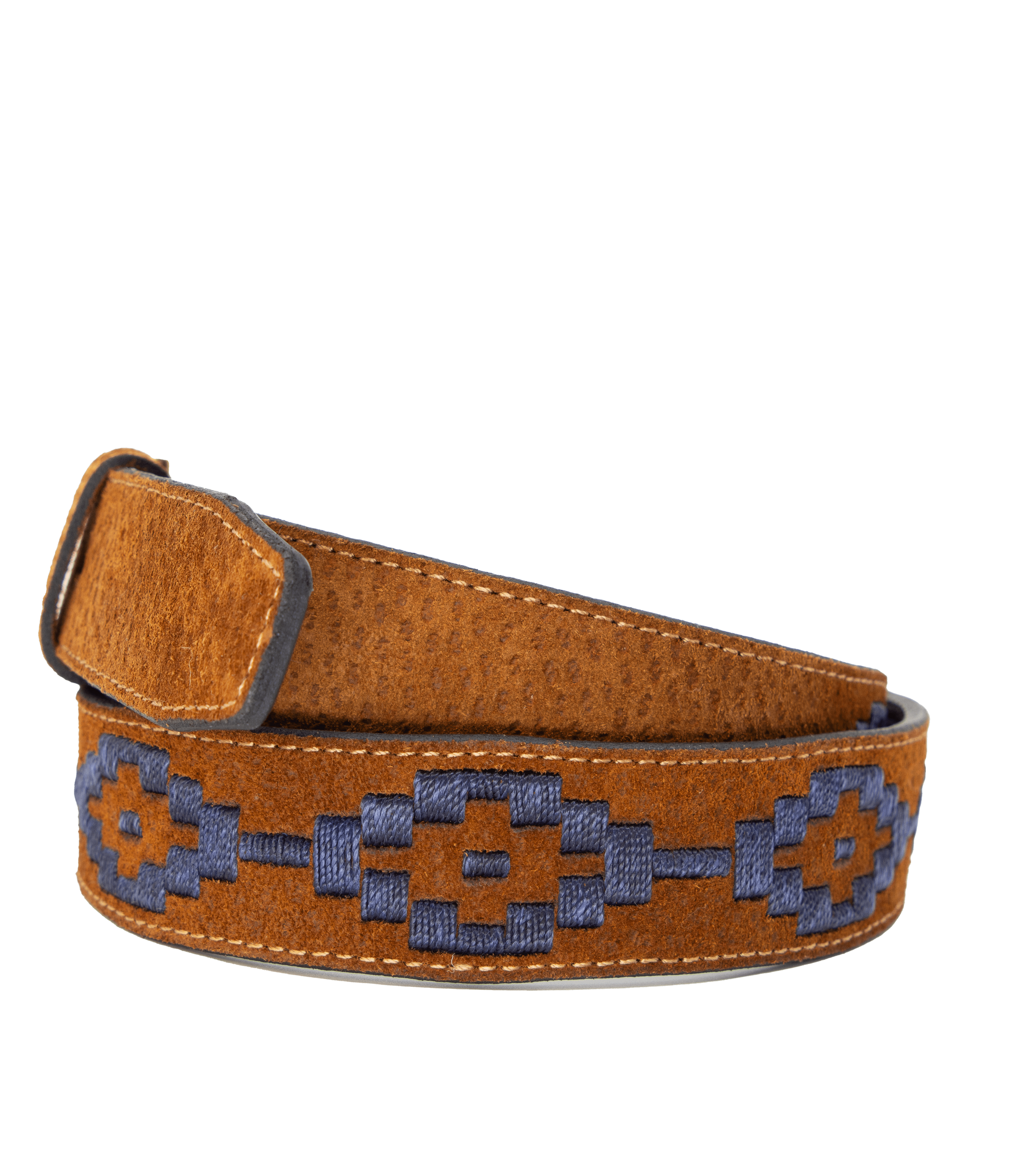 A tan leather belt with a navy woven geometric pattern and solid brass buckle.