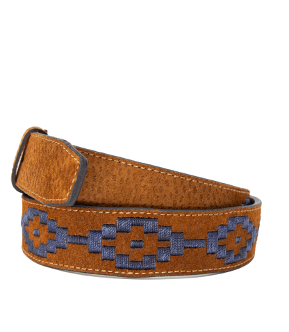 A tan leather belt with a navy woven geometric pattern and solid brass buckle.