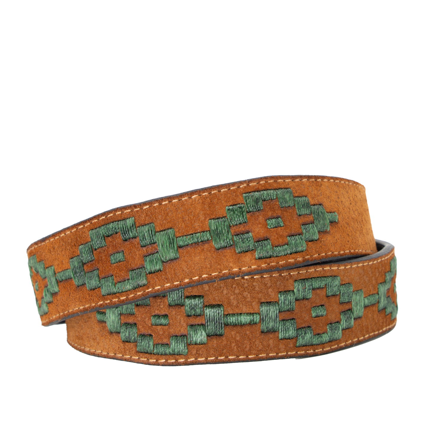 A brown leather belt with a hunter green woven geometric pattern and solid brass buckle.