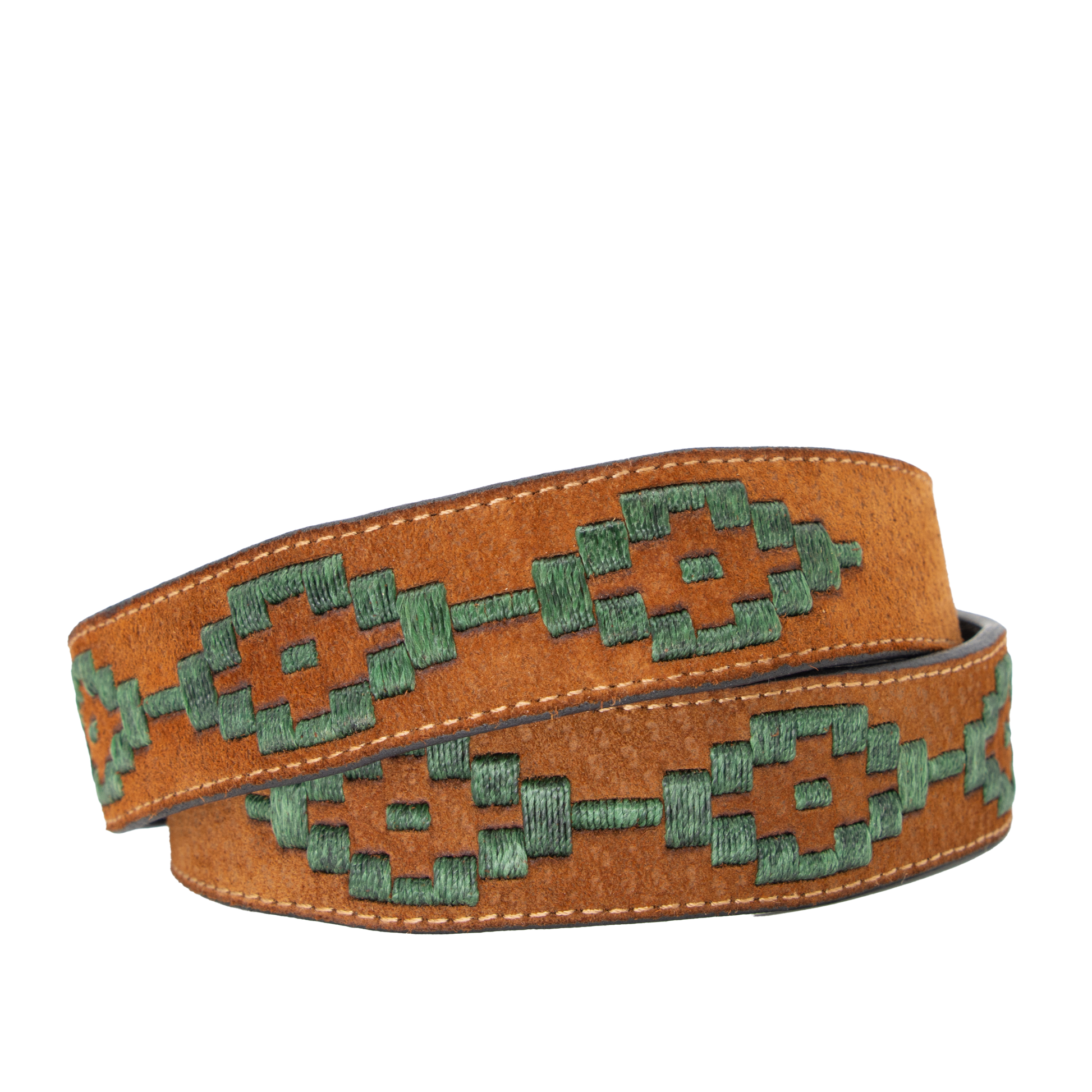 A brown leather belt with a hunter green woven geometric pattern and solid brass buckle.