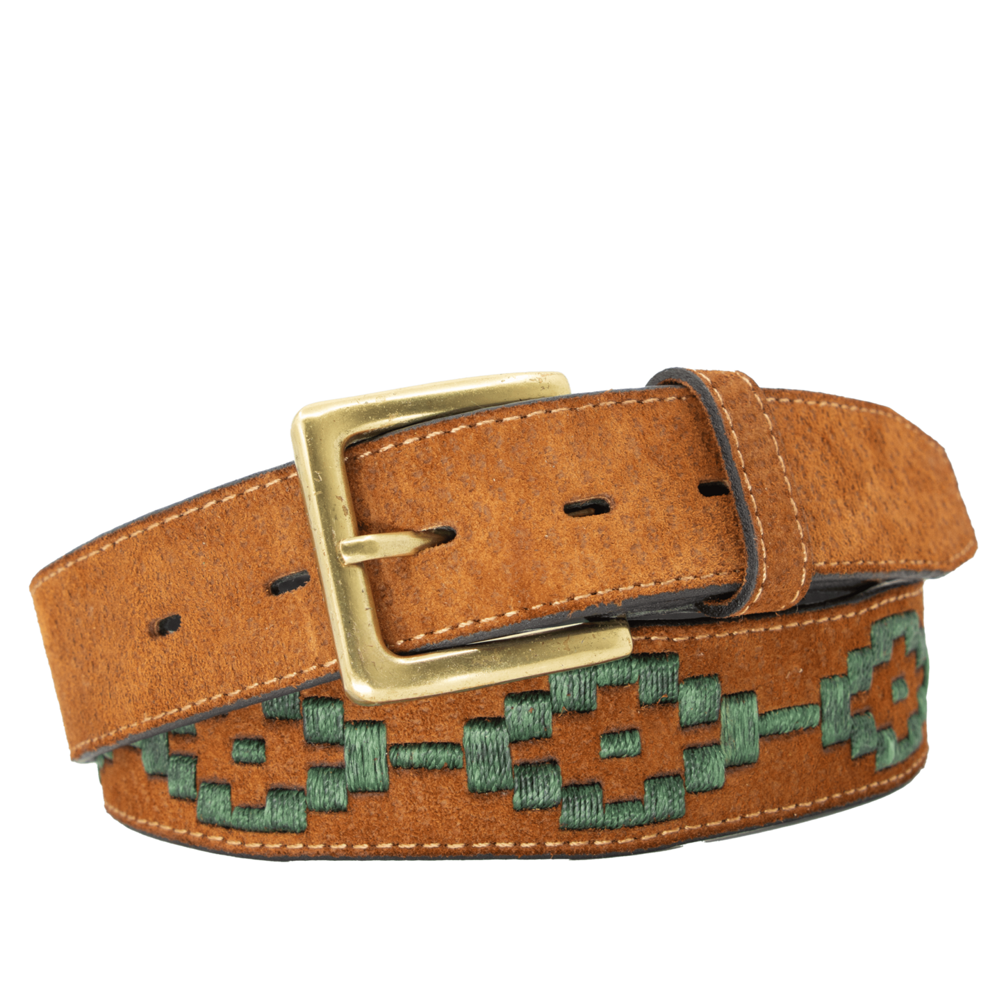 A brown leather belt with a hunter green woven geometric pattern and solid brass buckle.
