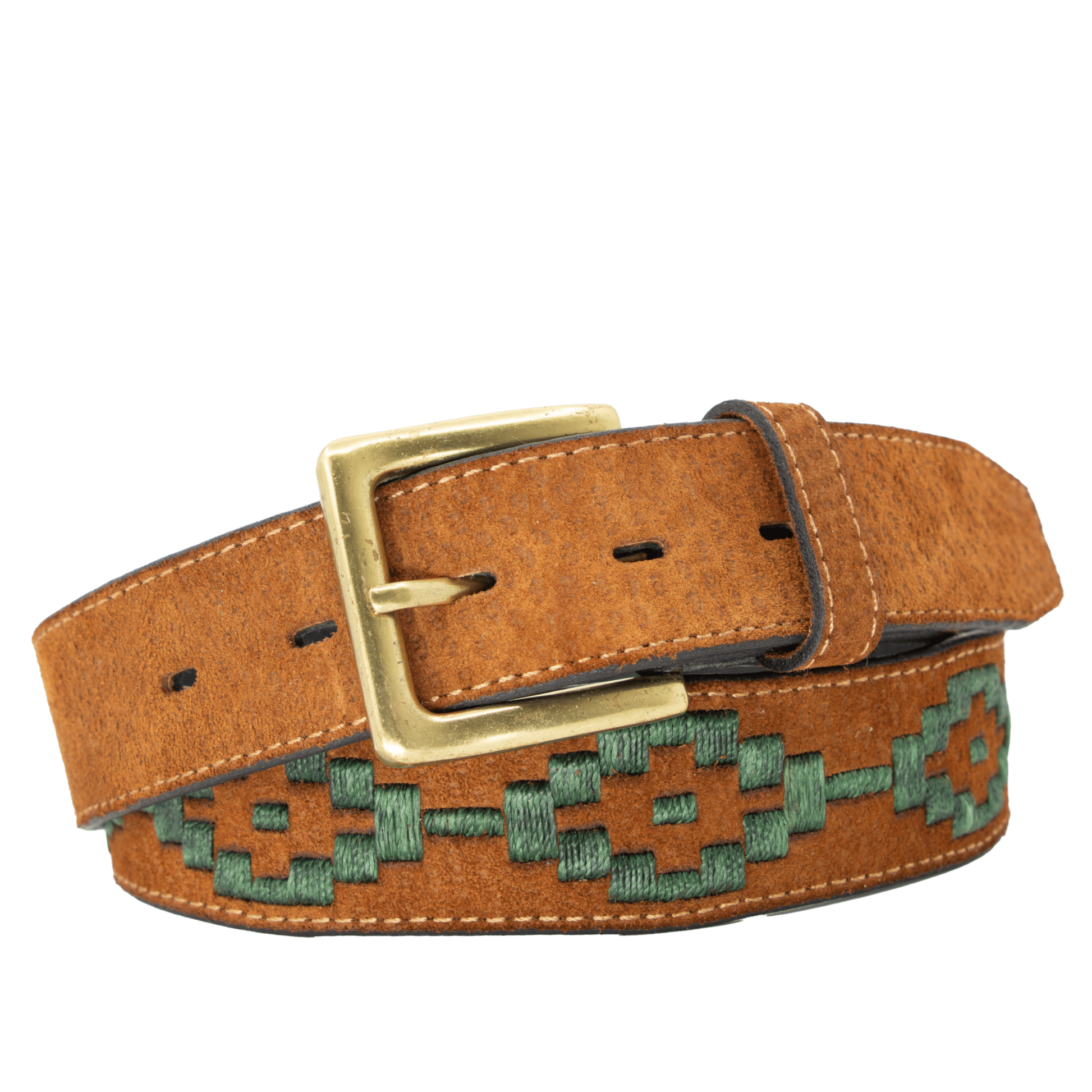 A brown leather belt with a hunter green woven geometric pattern and solid brass buckle.