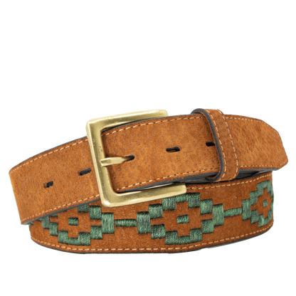 A brown leather belt with a hunter green woven geometric pattern and solid brass buckle.