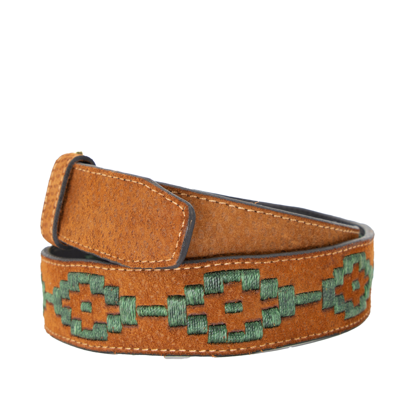 A brown leather belt with a hunter green woven geometric pattern and solid brass buckle.