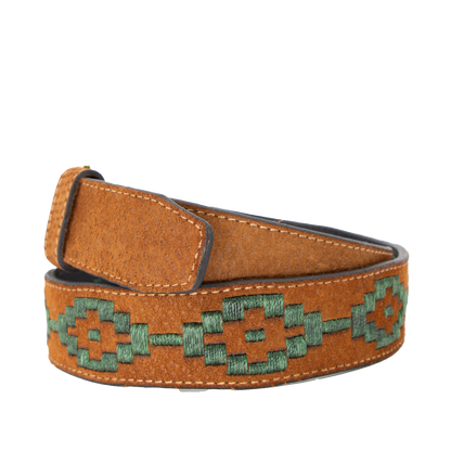 A brown leather belt with a hunter green woven geometric pattern and solid brass buckle.