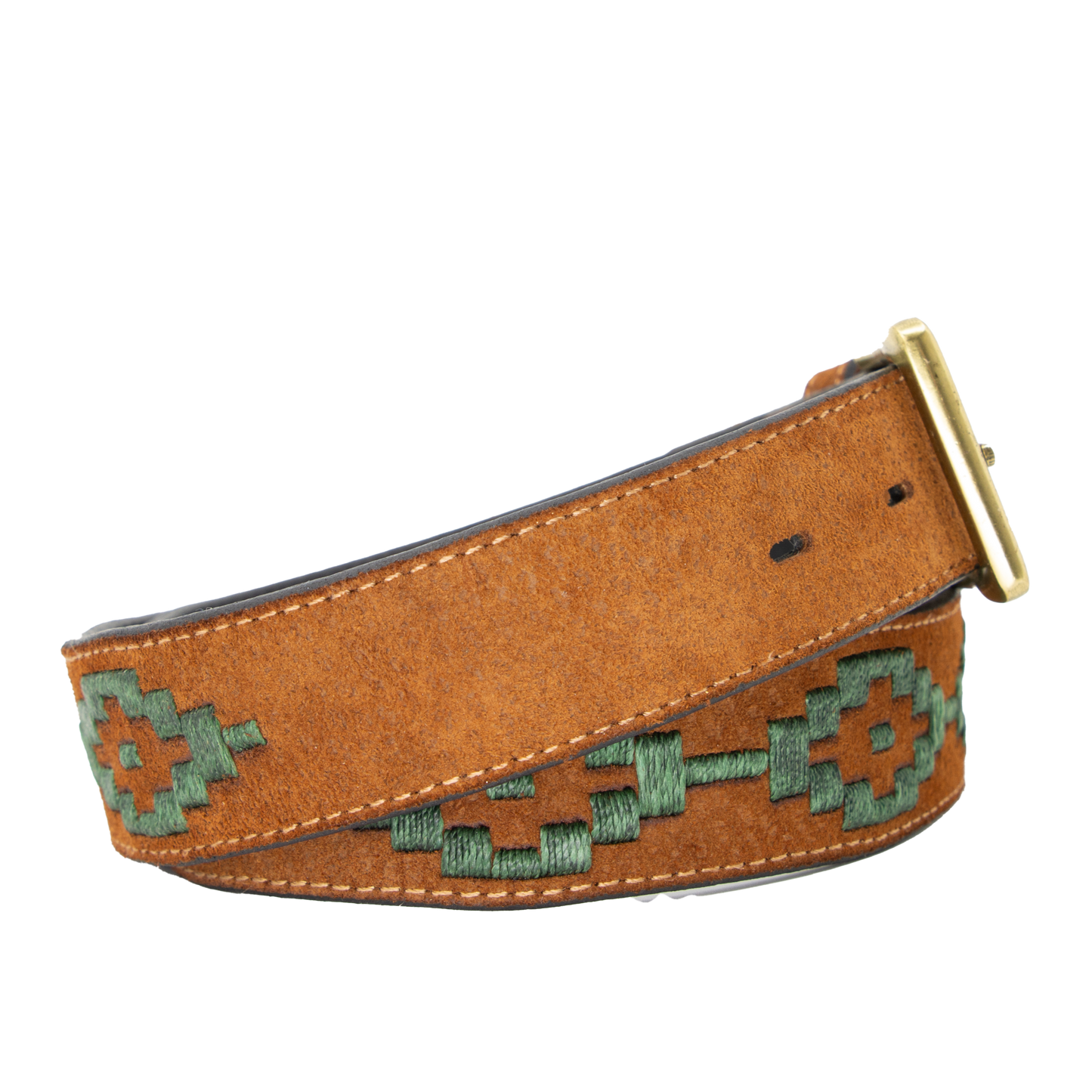 A brown leather belt with a hunter green woven geometric pattern and solid brass buckle.