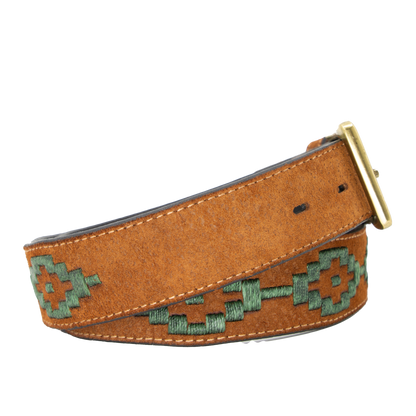 A brown leather belt with a hunter green woven geometric pattern and solid brass buckle.