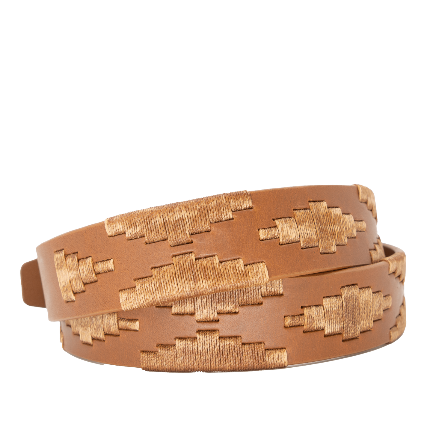 A tan leather belt with a tan woven geometric pattern and solid brass buckle.