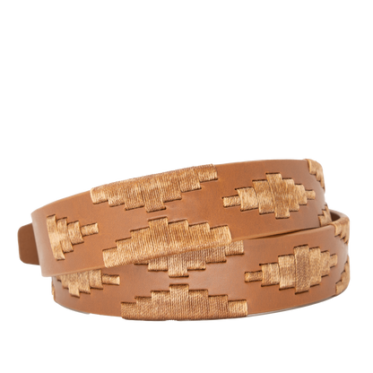A tan leather belt with a tan woven geometric pattern and solid brass buckle.