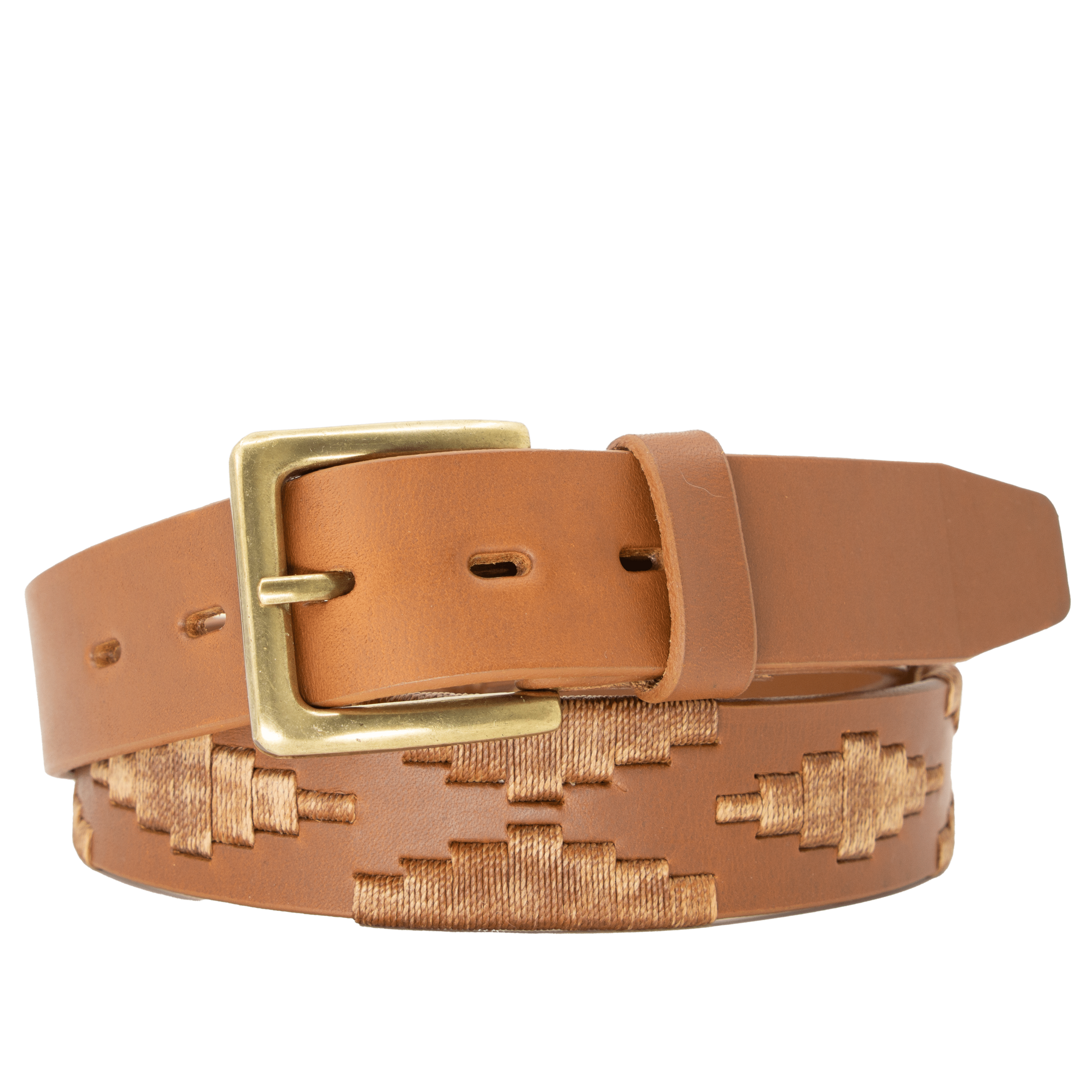 A tan leather belt with a tan woven geometric pattern and solid brass buckle.
