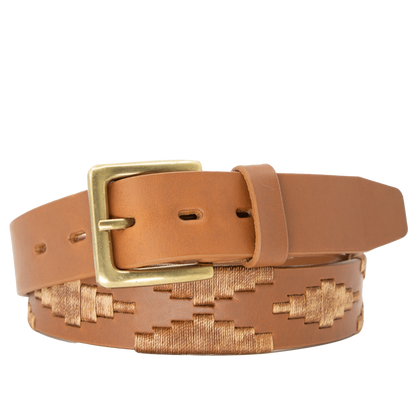 A tan leather belt with a tan woven geometric pattern and solid brass buckle.