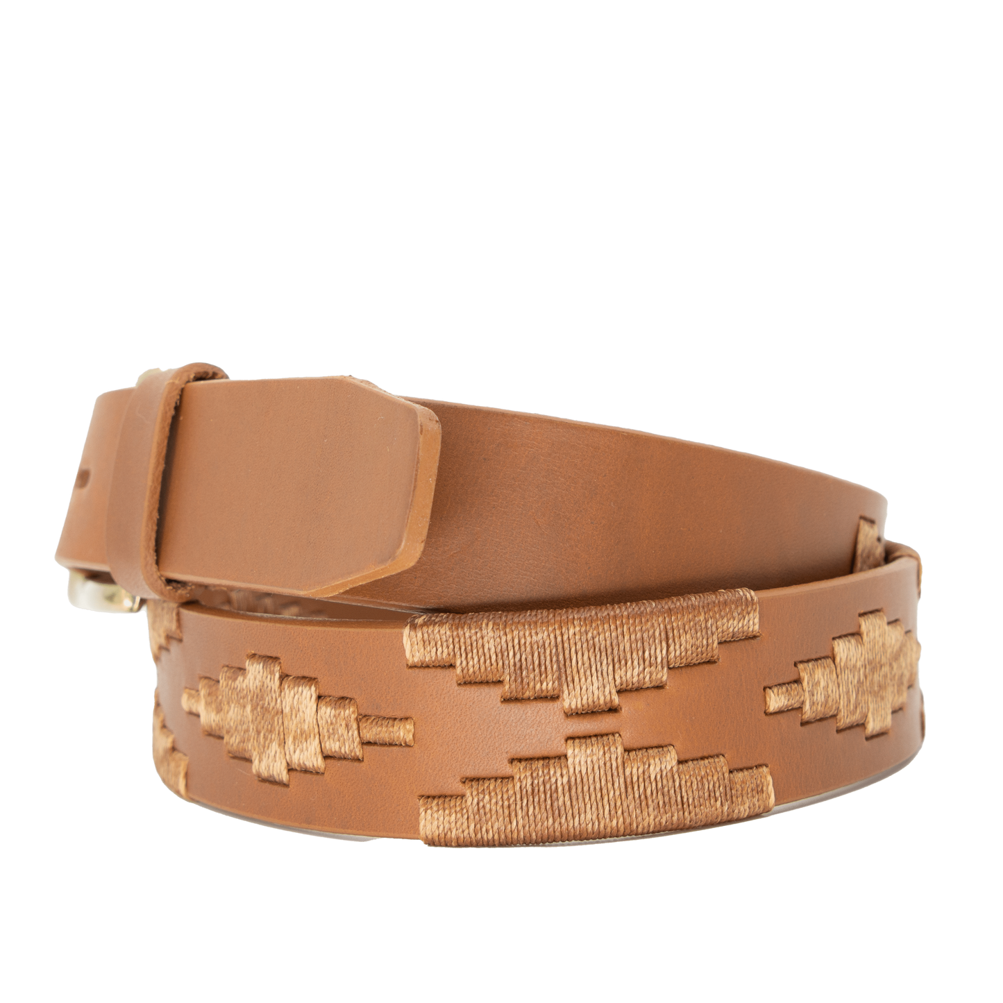 A tan leather belt with a tan woven geometric pattern and solid brass buckle.