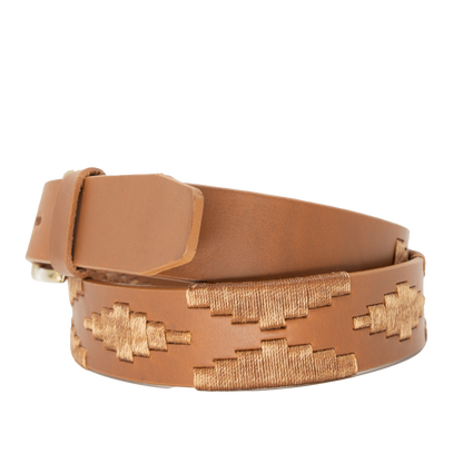 A tan leather belt with a tan woven geometric pattern and solid brass buckle.
