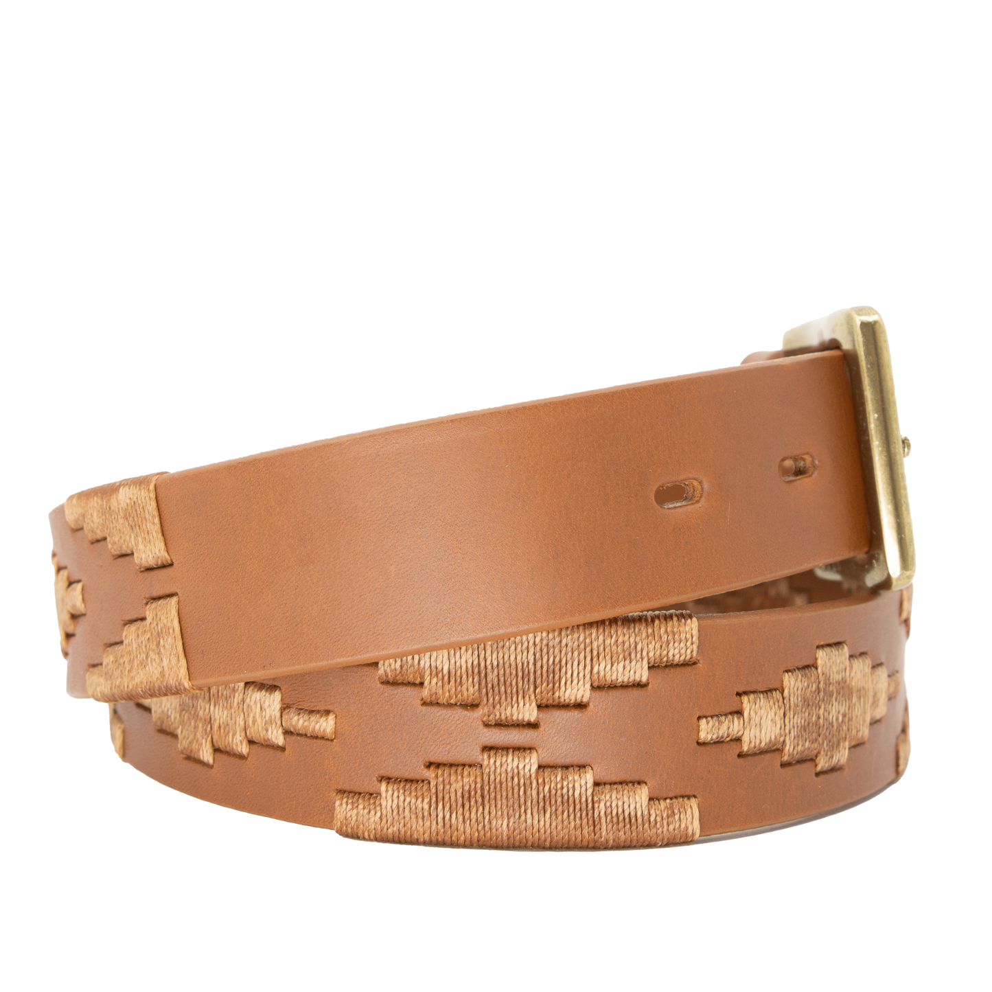 A tan leather belt with a tan woven geometric pattern and solid brass buckle.