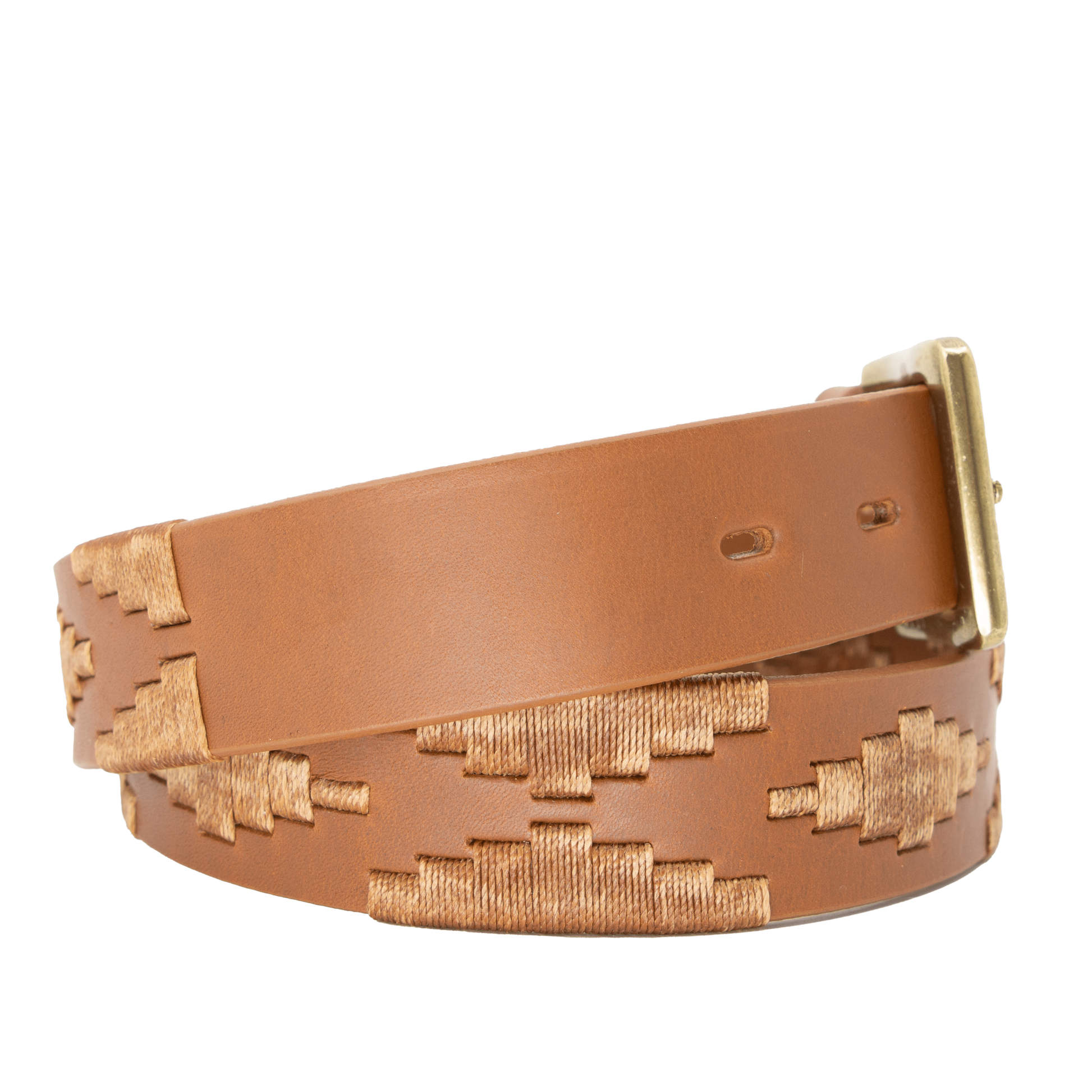 A tan leather belt with a tan woven geometric pattern and solid brass buckle.