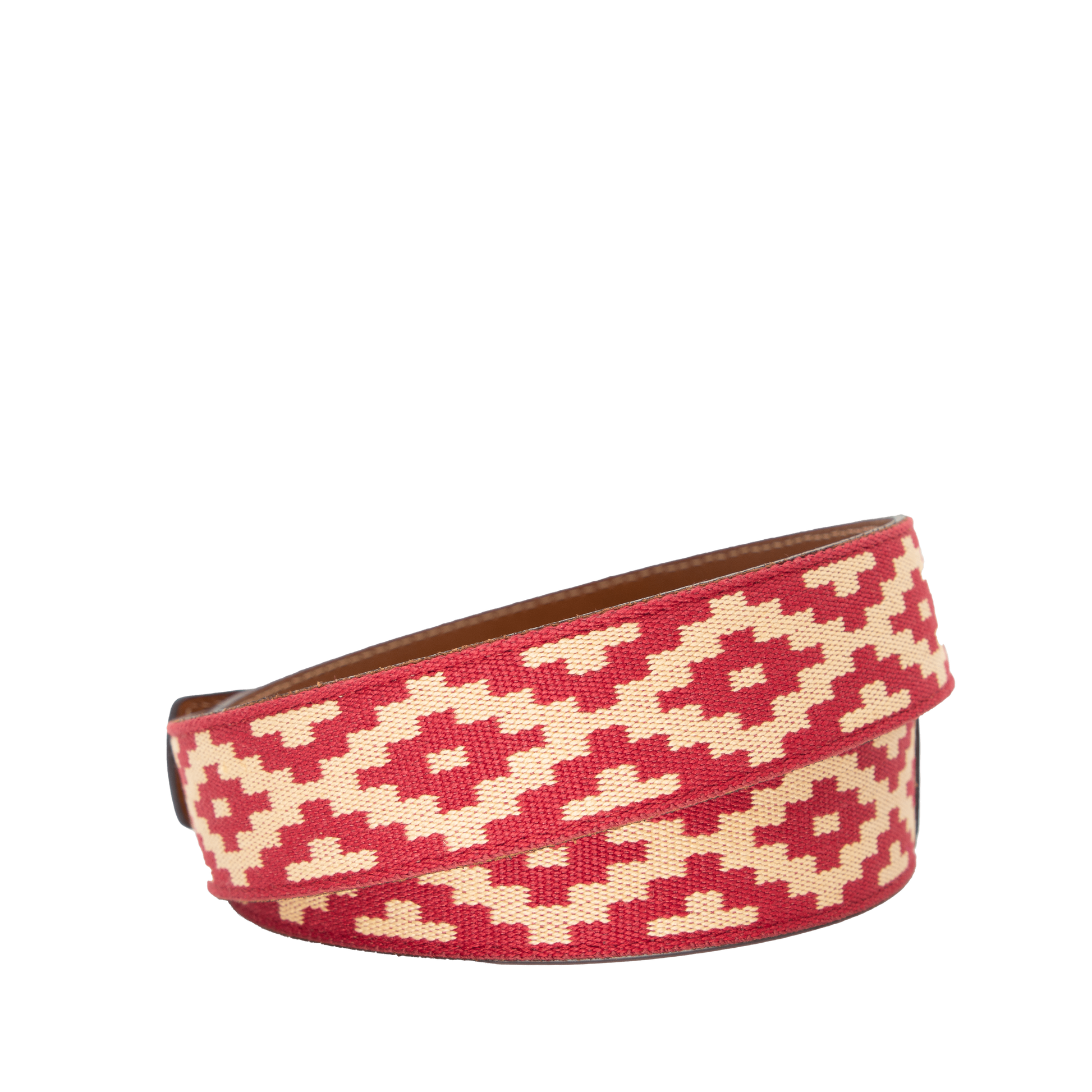 A brown leather belt with a red and beige woven geometric pattern and solid brass buckle.