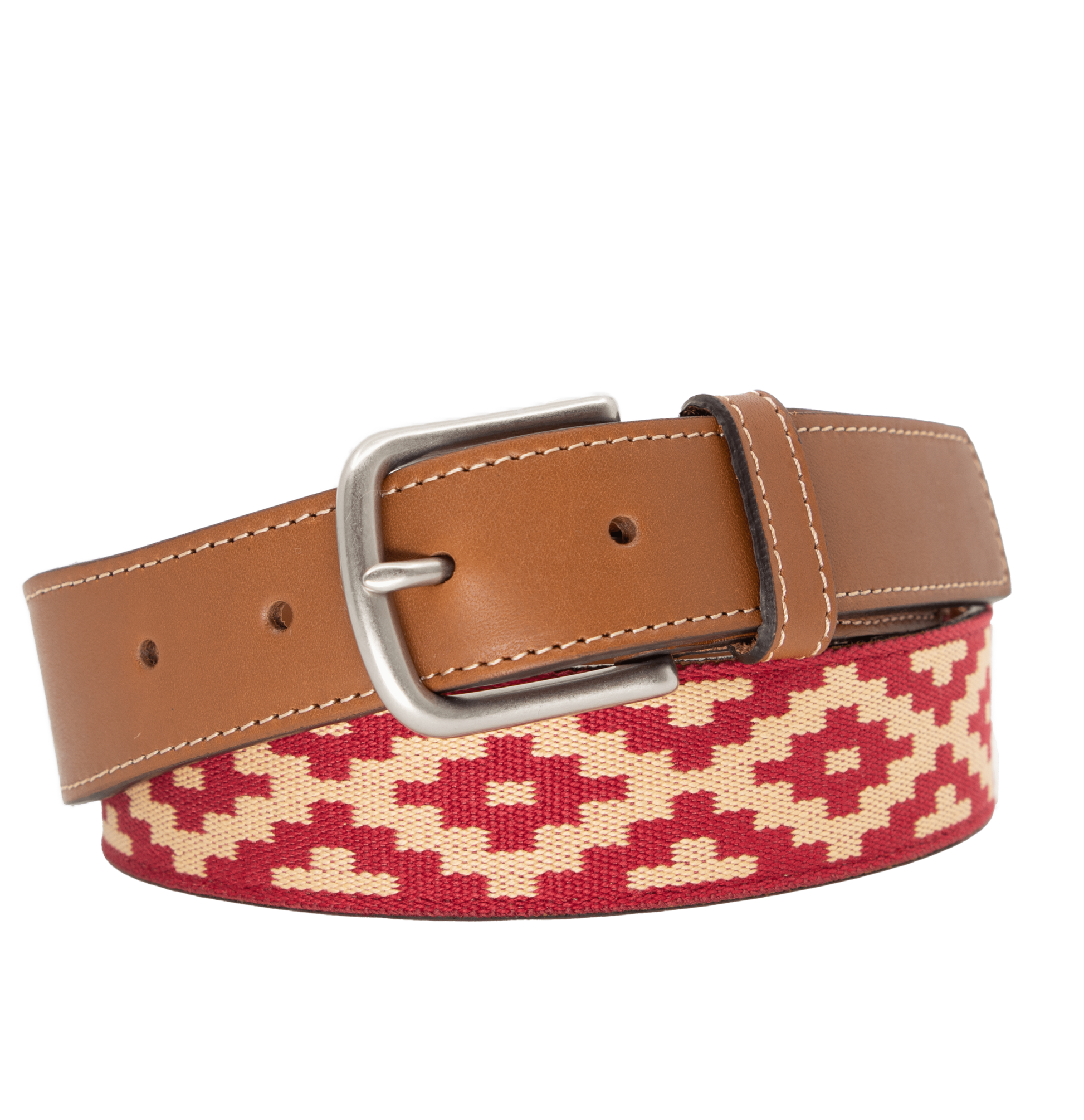 A brown leather belt with a red and beige woven geometric pattern and solid brass buckle.