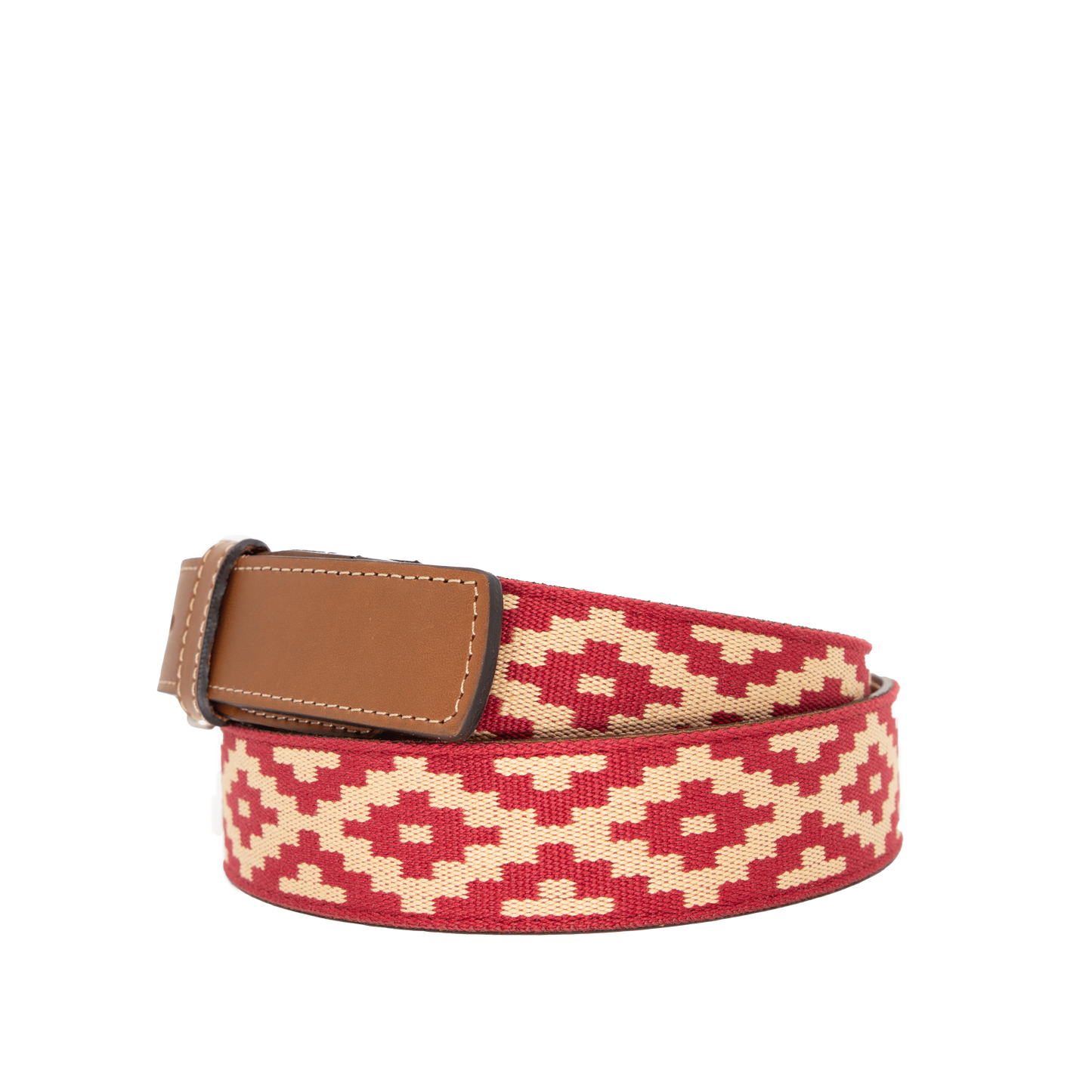 A brown leather belt with a red and beige woven geometric pattern and solid brass buckle.