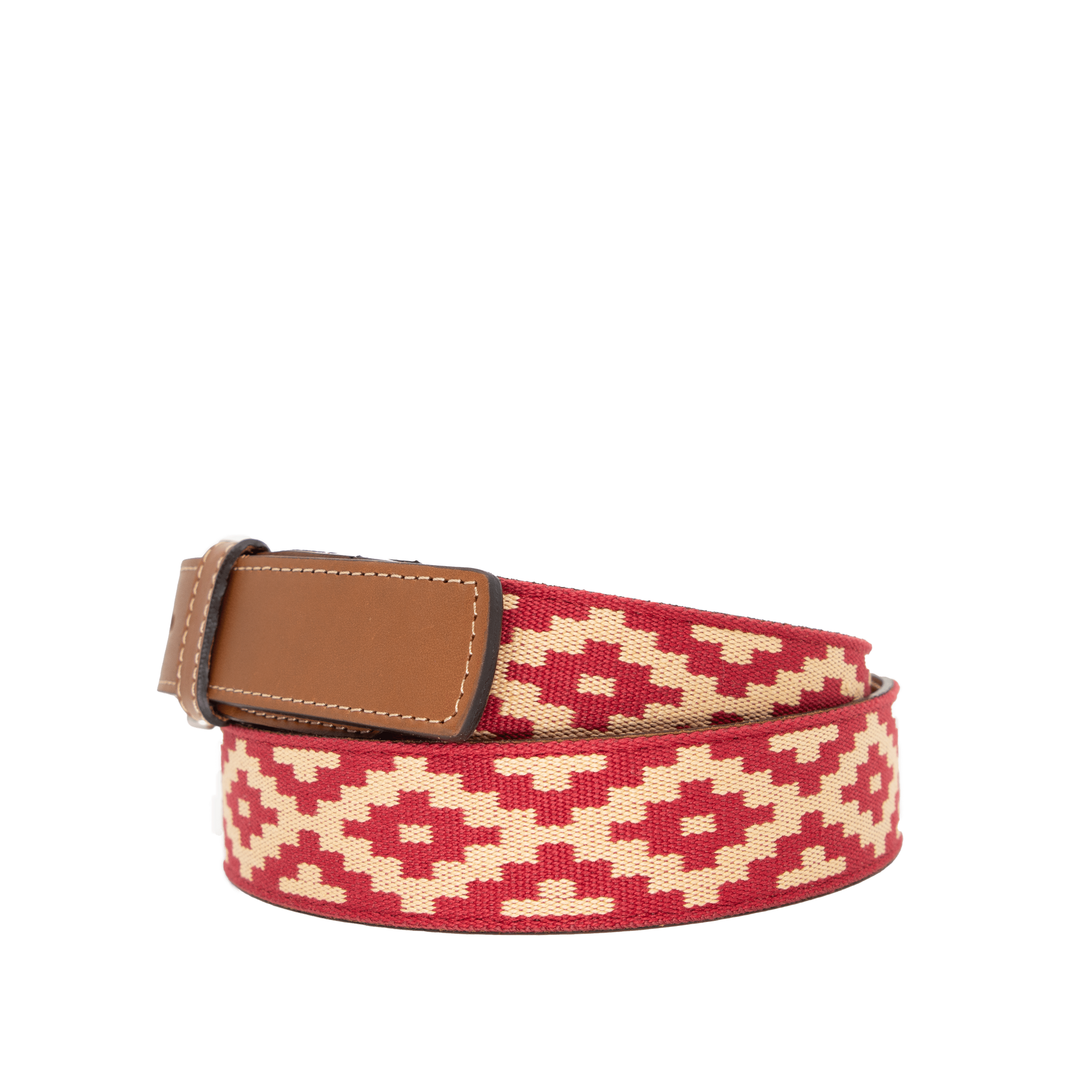 A brown leather belt with a red and beige woven geometric pattern and solid brass buckle.