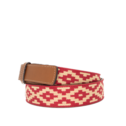 A brown leather belt with a red and beige woven geometric pattern and solid brass buckle.