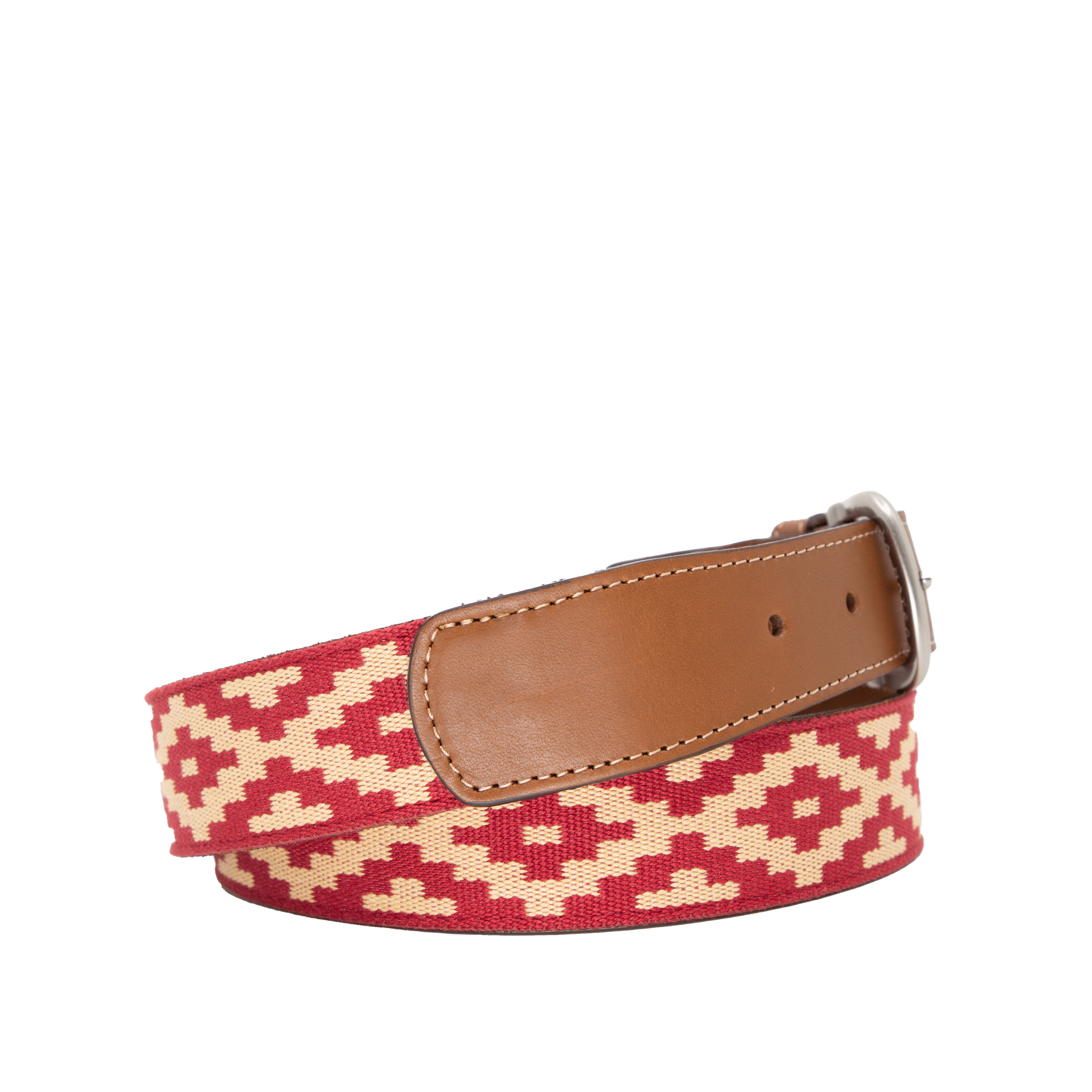 A brown leather belt with a red and beige woven geometric pattern and solid brass buckle.