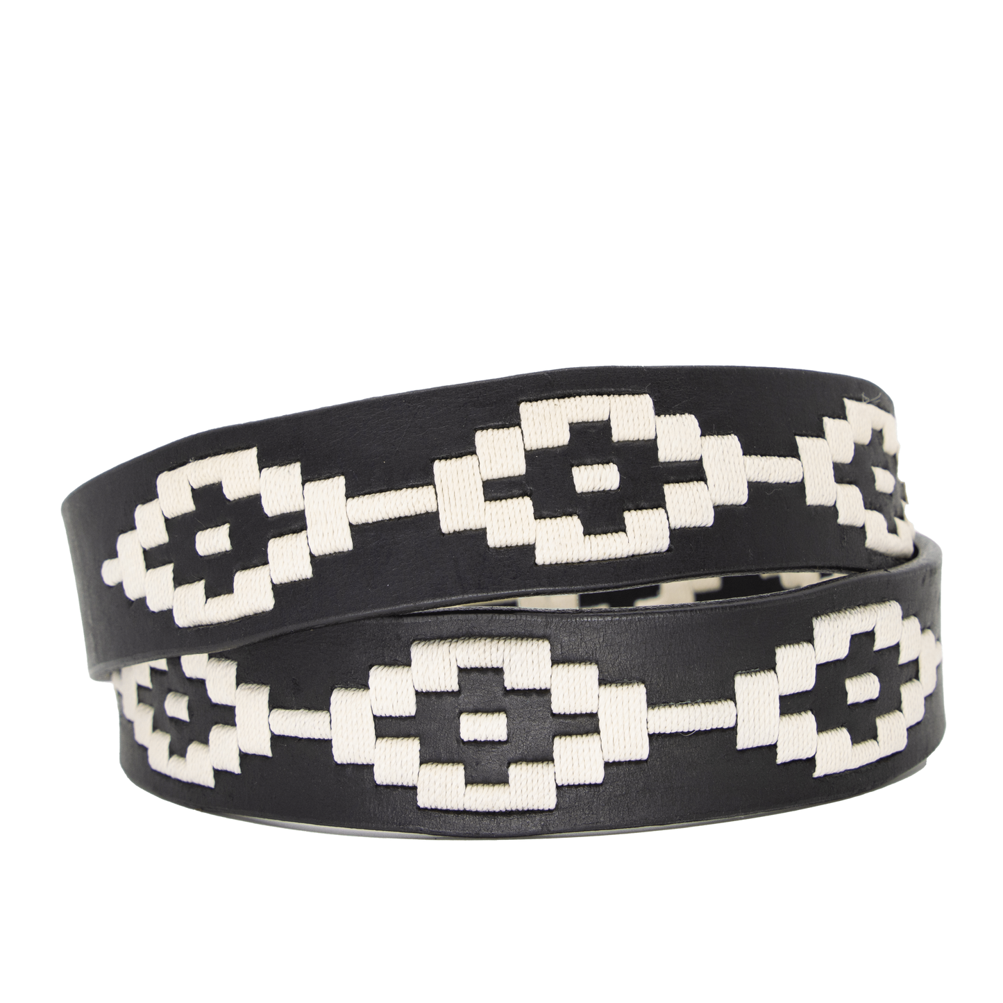 A black leather belt with a white woven geometric pattern and solid brass buckle.
