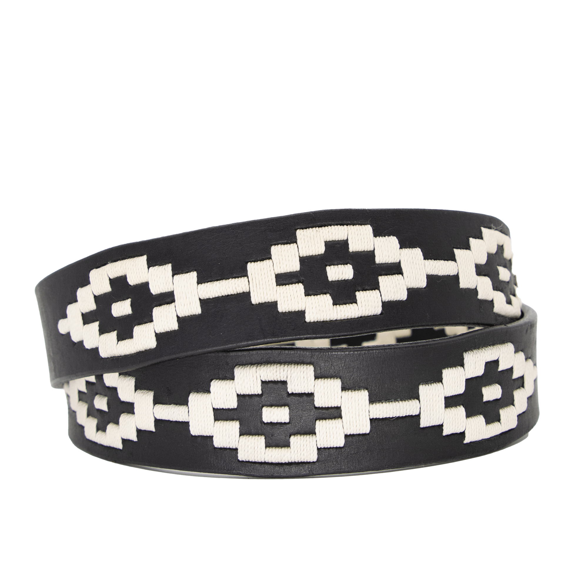 A black leather belt with a white woven geometric pattern and solid brass buckle.