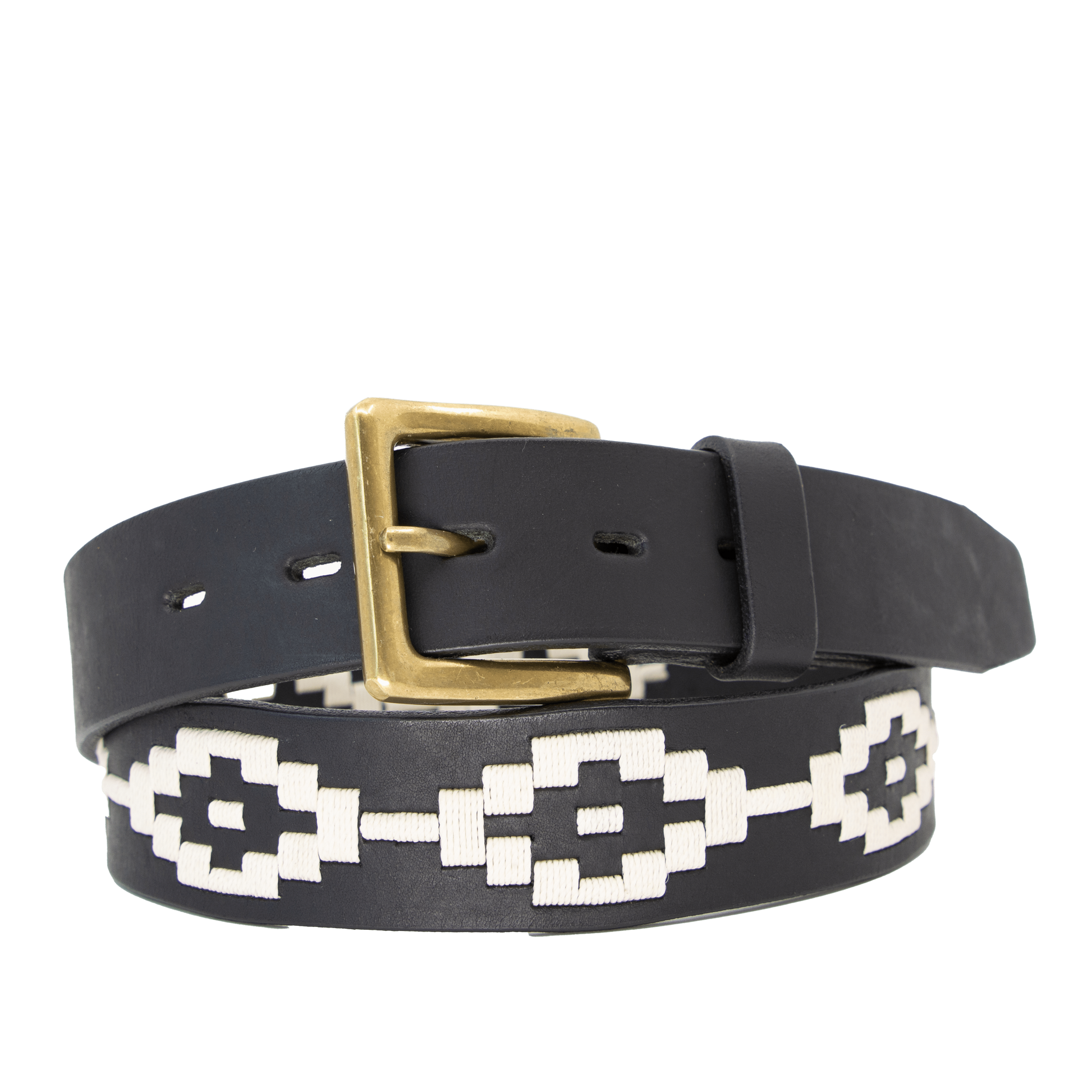 A black leather belt with a white woven geometric pattern and solid brass buckle.