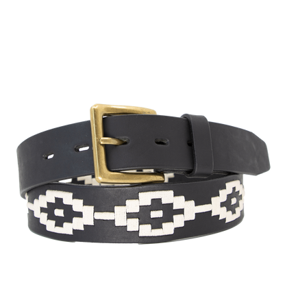 A black leather belt with a white woven geometric pattern and solid brass buckle.