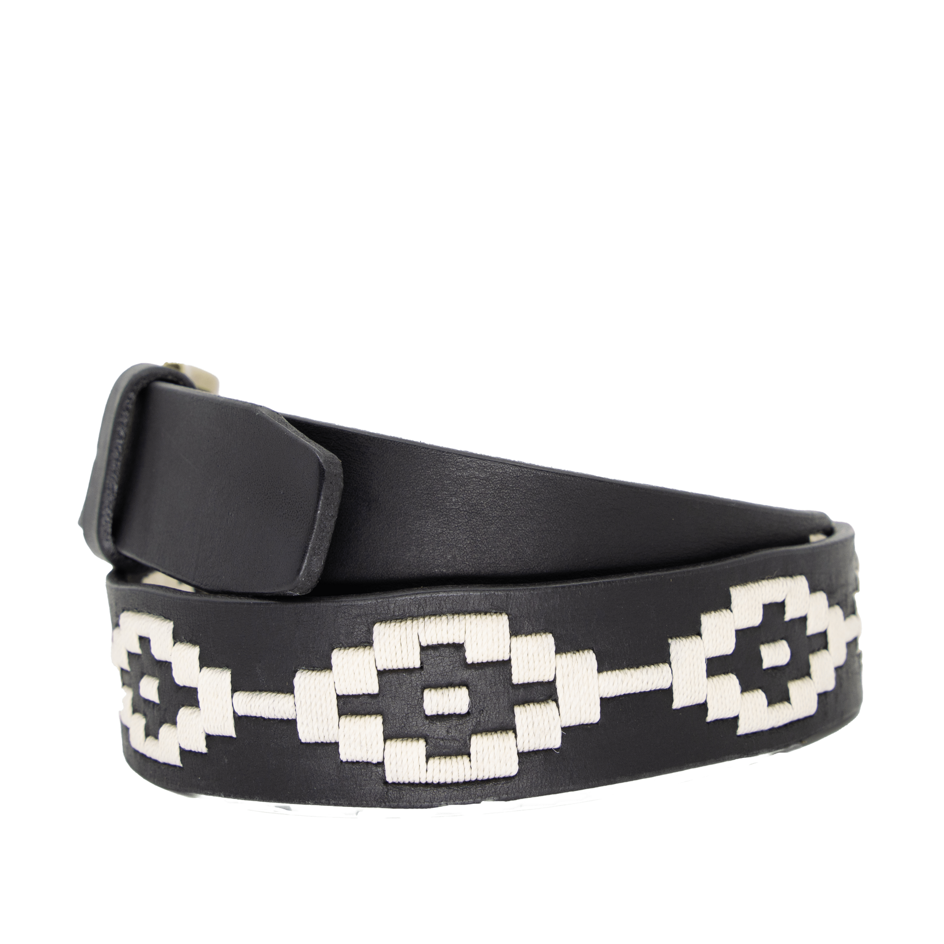 A black leather belt with a white woven geometric pattern and solid brass buckle.