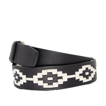A black leather belt with a white woven geometric pattern and solid brass buckle.