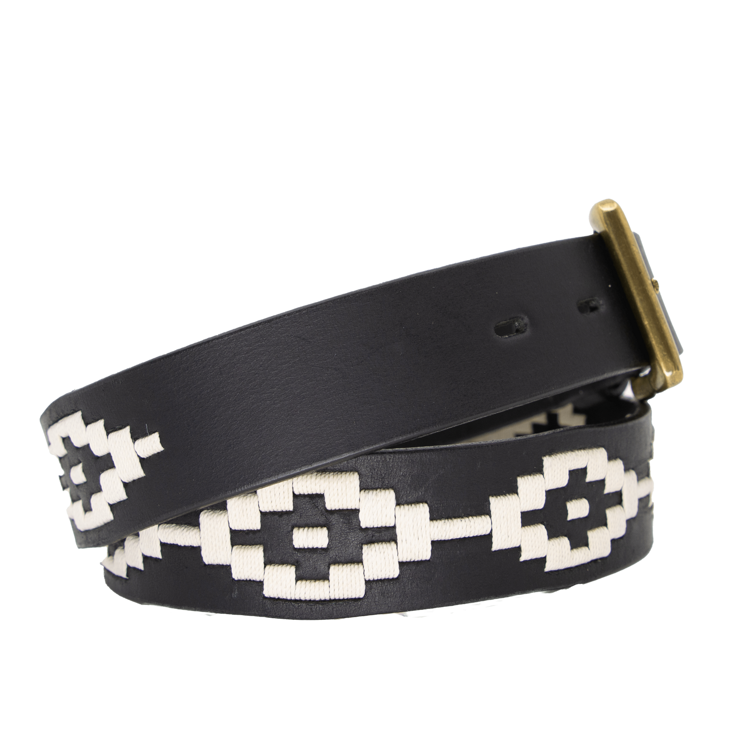 A black leather belt with a white woven geometric pattern and solid brass buckle.