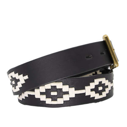 A black leather belt with a white woven geometric pattern and solid brass buckle.