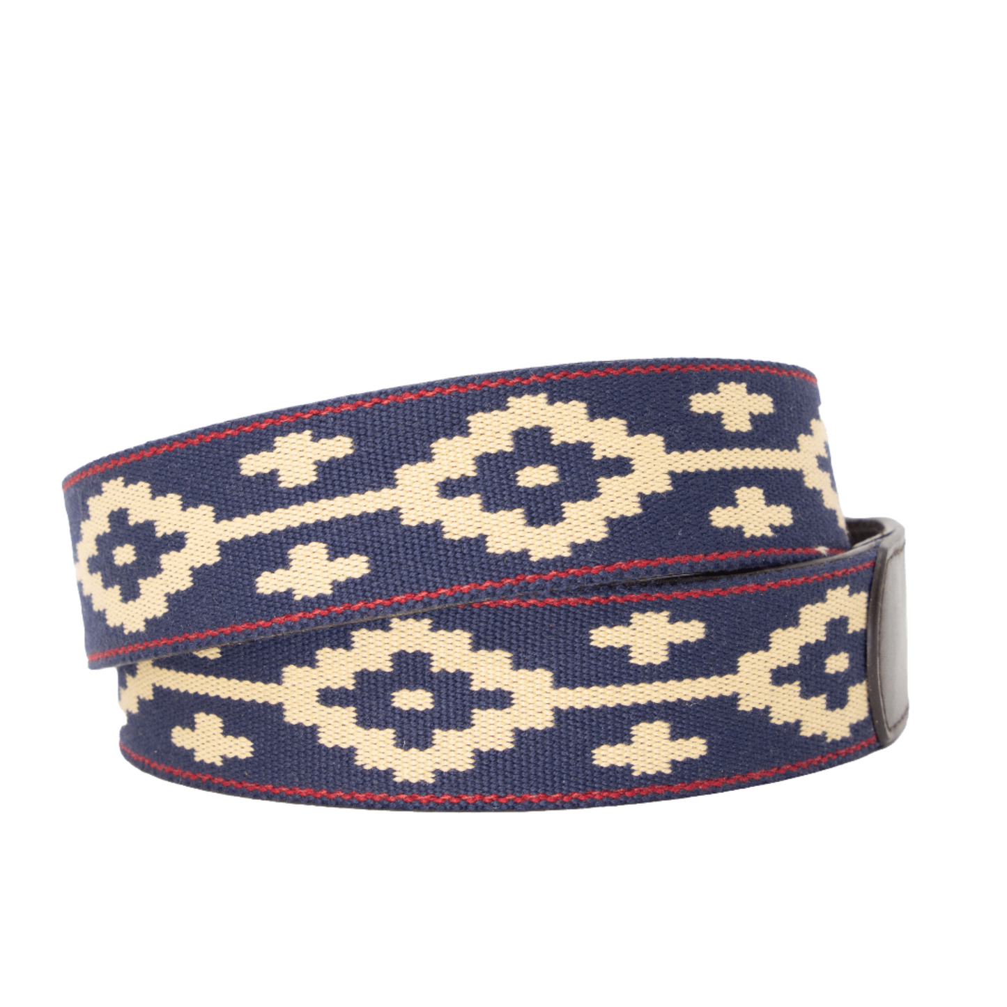 A brown leather belt with a Navy, Red, and Khaki woven geometric pattern and solid brass buckle.