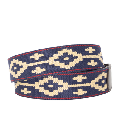 A brown leather belt with a Navy, Red, and Khaki woven geometric pattern and solid brass buckle.