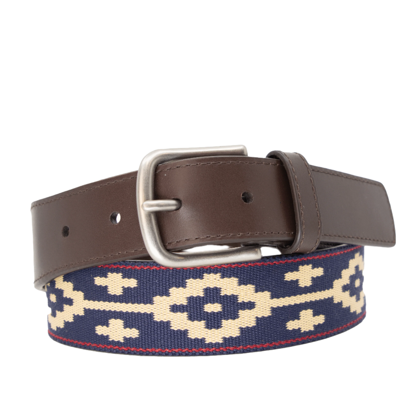 A brown leather belt with a Navy, Red, and Khaki woven geometric pattern and solid brass buckle.