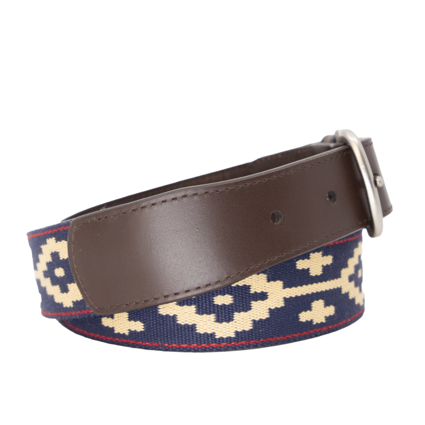 A brown leather belt with a Navy, Red, and Khaki woven geometric pattern and solid brass buckle.