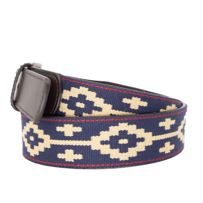 A brown leather belt with a Navy, Red, and Khaki woven geometric pattern and solid brass buckle.