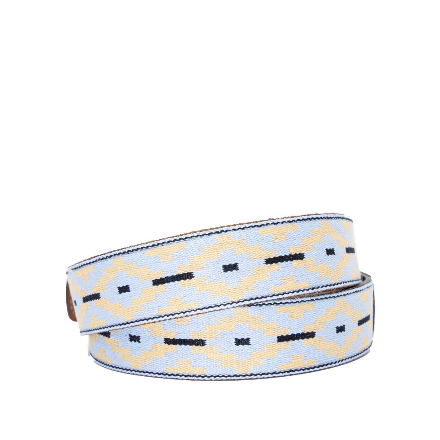 A brown leather belt with a light blue and beige woven pattern and metal nickle buckle.