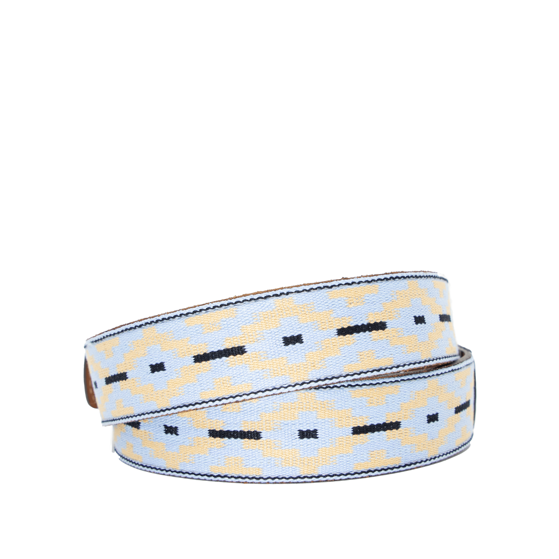 A brown leather belt with a light blue and beige woven pattern and metal nickle buckle.