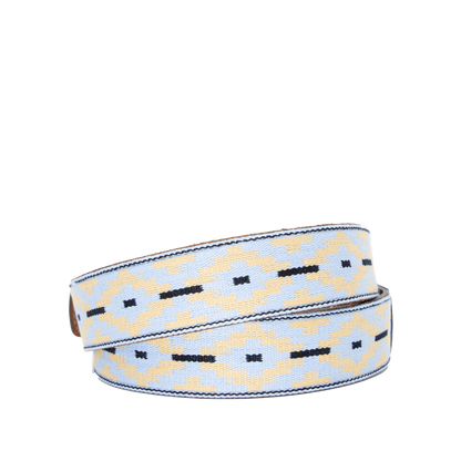 A brown leather belt with a light blue and beige woven pattern and metal nickle buckle.