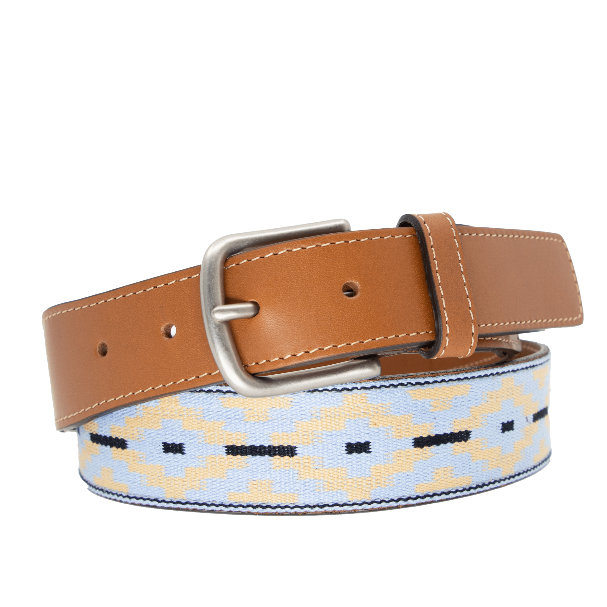 A brown leather belt with a light blue and beige woven pattern and metal nickle buckle.