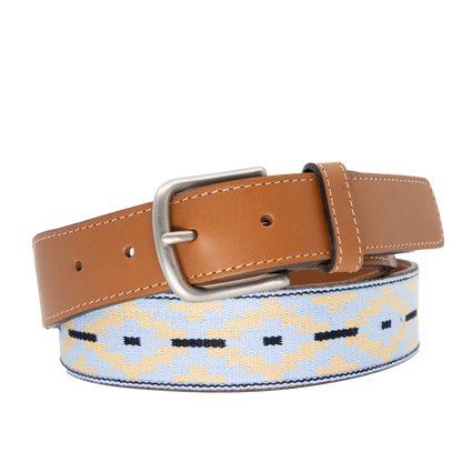 A brown leather belt with a light blue and beige woven pattern and metal nickle buckle.