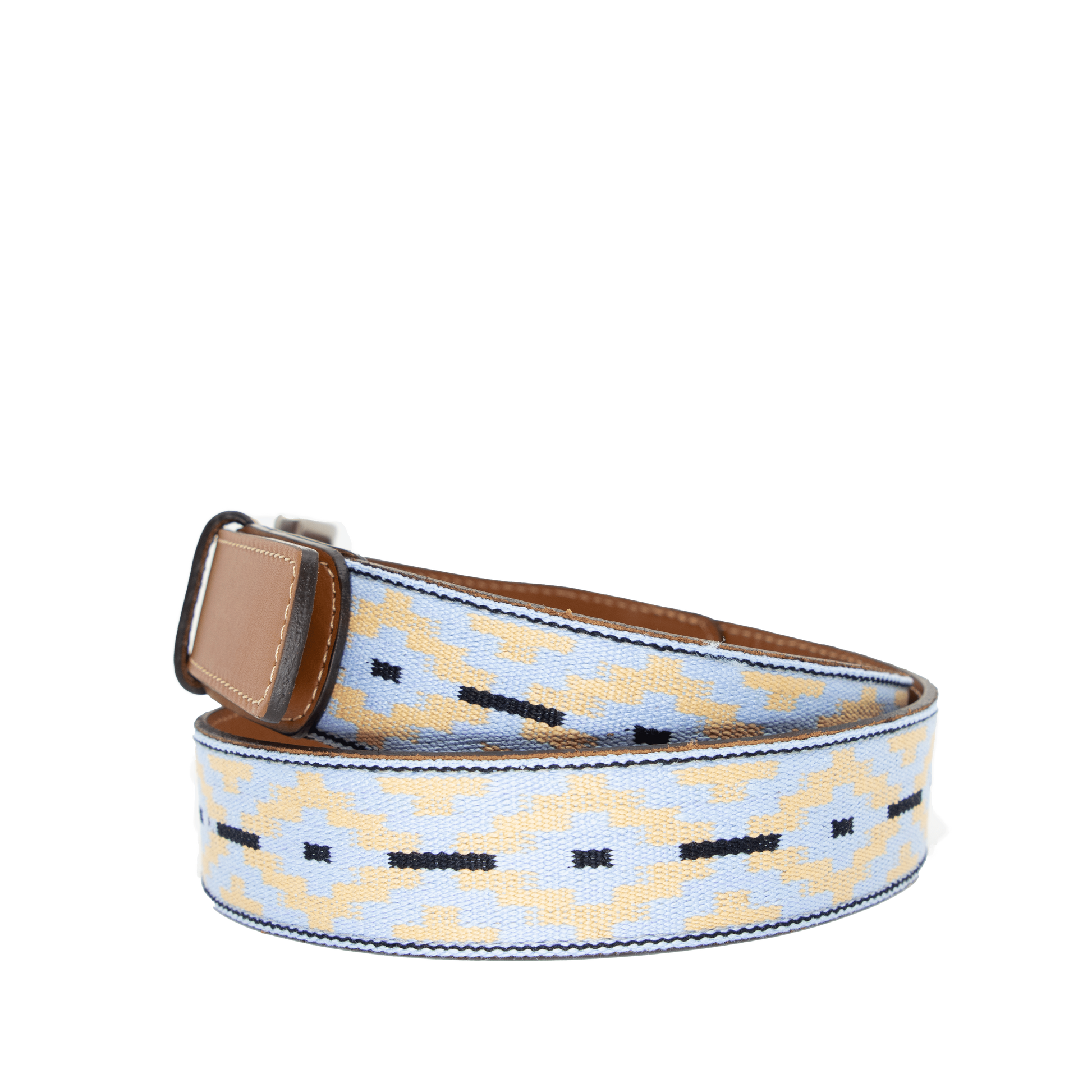 A brown leather belt with a light blue and beige woven pattern and metal nickle buckle.