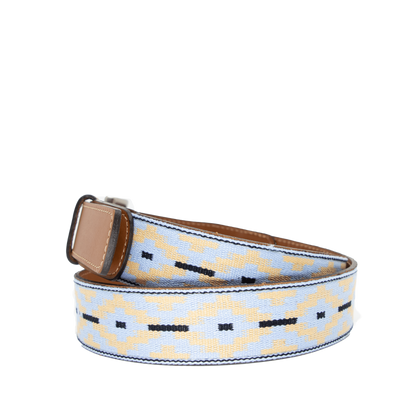 A brown leather belt with a light blue and beige woven pattern and metal nickle buckle.