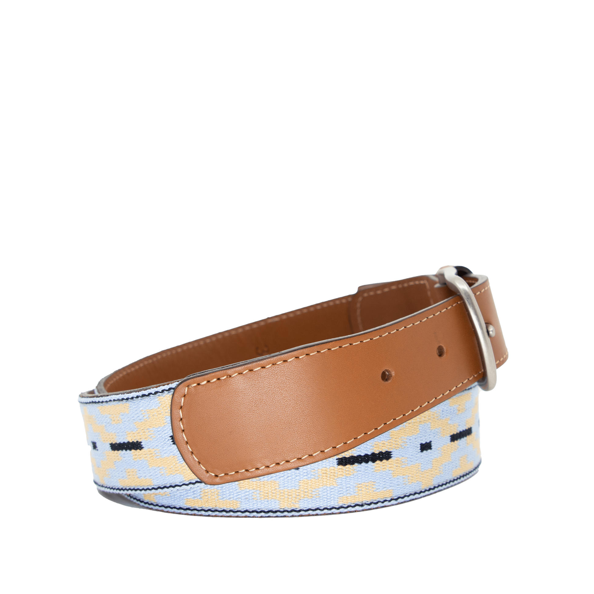 A brown leather belt with a light blue and beige woven pattern and metal nickle buckle.